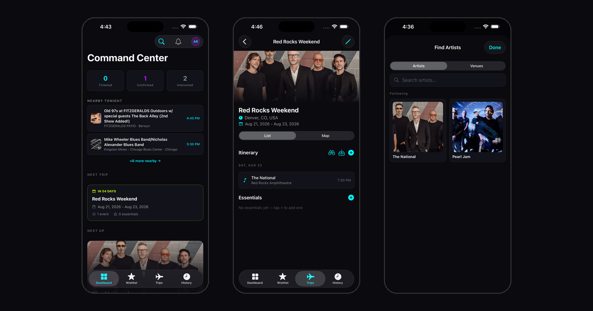 Three iPhone screens of the TicketTrek app